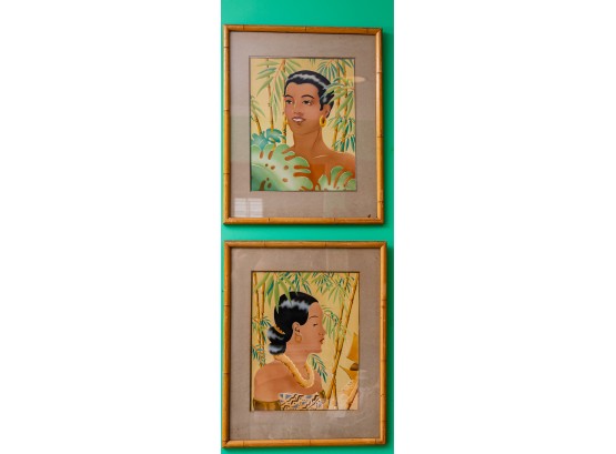 Two Prints In Bamboo Frames