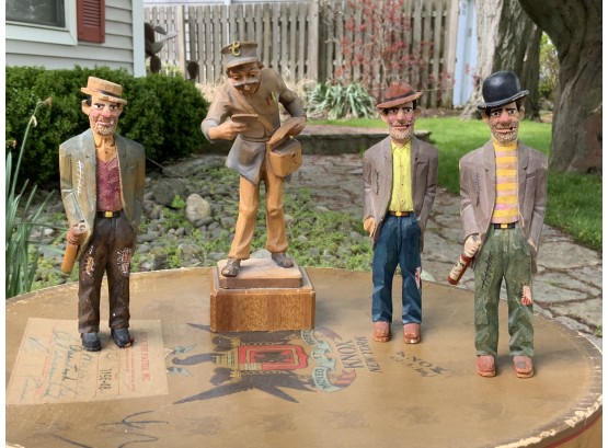 Four Miniature Wooden Characters And Vintage Hatbox
