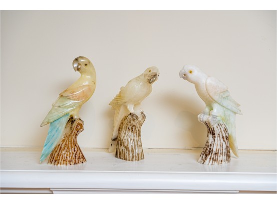 Three Elegant Alabaster Marble Parrots