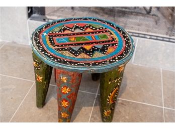 Carved And Painted Wooden Stool