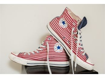 CONVERSE All Star High Top Red White Stripe And White Blue Stars Size 9 Men - One Pair