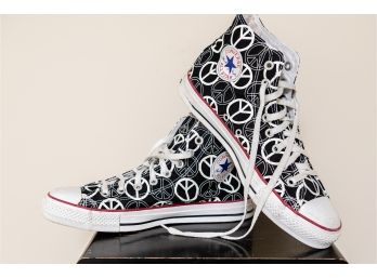 CONVERSE All Star High Top Black With White Peace Signs Size 9 Men - One Pair