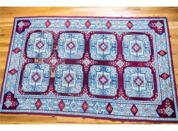 Vintage Hooked Rug In Shades Of Blue And Rose