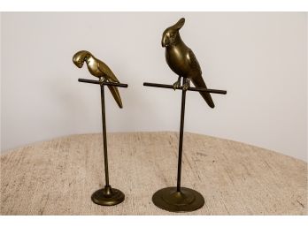 Two Brass Parrots On Brass Stand And Perch