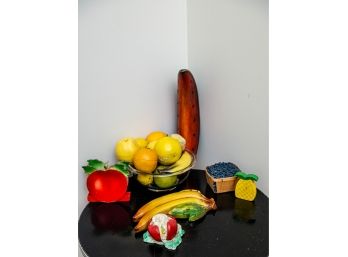 Faux Fruit, Bowl And Wooden Apple Napkin Holder