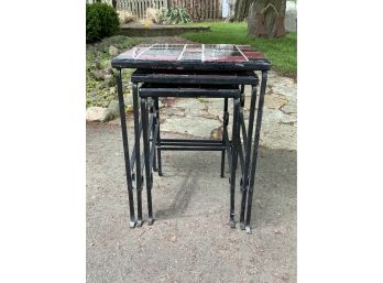 Three Tile Top And Wrought Iron Nesting Tables