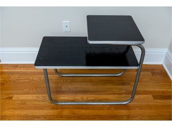 Two Tier Side Table Black Laminate Top With Chrome Trim And Legs
