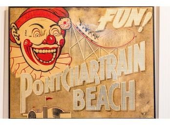 Vintage Tin Lake Pontchartrain Beach Advertising Sign With Clown And Coaster By Dura Products