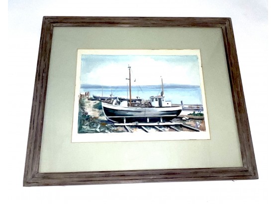 'Fishing Boats In Dry Dock' Watercolor By John L Young