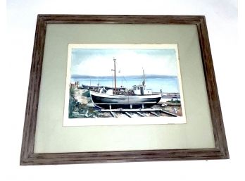 'Fishing Boats In Dry Dock' Watercolor By John L Young