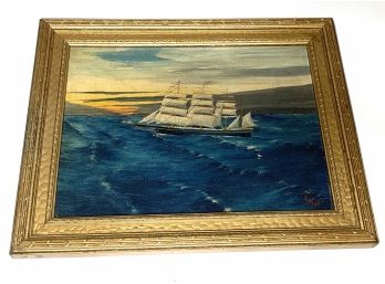 19th C Oil On Canvas Primitive Schooner Signed Painting