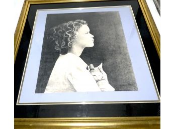 Marjorie Mason 1970's Charcoal Drawing Of Girl And Cat