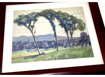 Robert Nisbet Watercolor Of Bending Trees  Overlooking Field