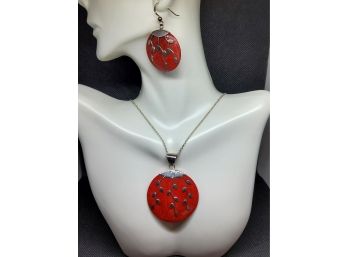 Beautiful Sterling Silver & Red Stone Earrings & Necklace Set