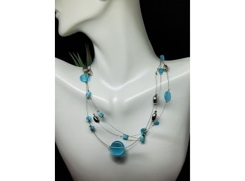 Lia Sophia Triple Strand Silver Tone Choker With Silver And Turquoise Beading