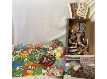 Large Lot Of Sewing Supplies And A Large Bolt Of Safari Fabric