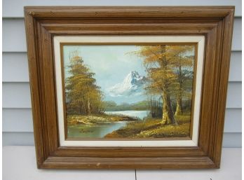 Oil Painting Lake With Mountain - Signed