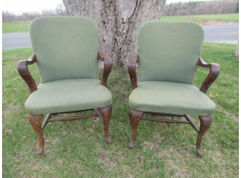 Pair Vintage Oak Upholstered Arm Chairs