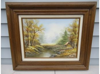 Oil Painting Of Cabin On River - Signed