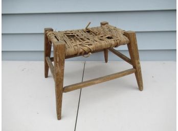 Sweet Small Rustic Antique Stool With Woven Seat