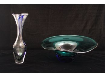 Beautiful Signed Bud Vase And Fluted Glass Bowl