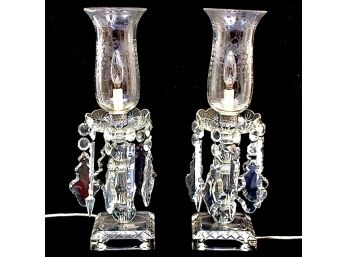 Antique Hurricane Boudior Lamps With Prism Dangles