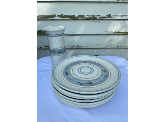 Hand Painted Pottery Dinner Set - 7 Plates  Matching Vase