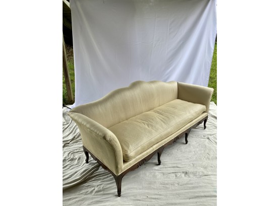 French Style Silk Camelback Sofa With Hand Carved Walnut Legs