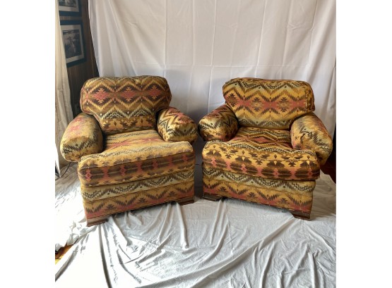 Vintage Large Southwestern Upholstery Overstuffed Armchairs - Pair