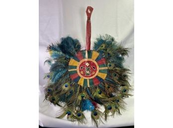 Painted Leather Ceremonial Fan With Peacock Feathers