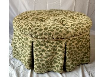 Mid 20th Century Large Tufted Round Ottoman With Green Leopard Upholstery