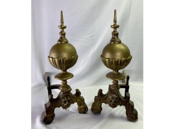 Pair Of Brass Lions Head Andirons