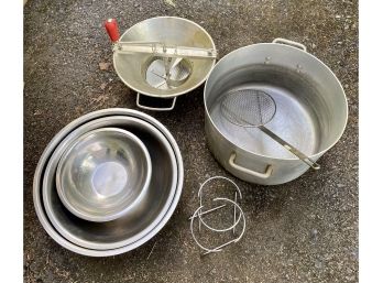 Lot Of Stainless Commercial Kitchen Bowls, Pot & Ricer