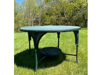 Antique Round Green Wicker Outdoor Dining Table With Glass Top