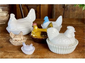 Collection Of Milk Glass And Pottery Chickens