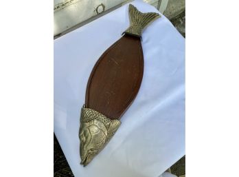 Mid-Century Pewter And Wood Salmon Serving Platter