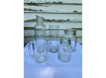 Lot Of Glass Items - 2 Pitchers, Vase, 2 Canisters