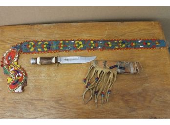 Bowie Knife With Beaded Southwestern Or Indian Sash