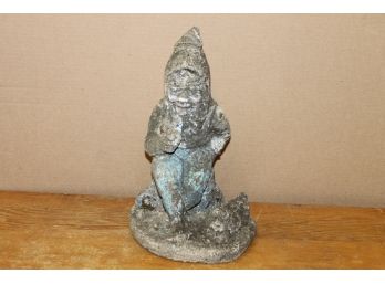 Old Smoking Gnome With Dog Small Cement Garden Statue