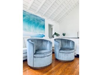 Pair Of Grey Blue Velvet Swivel Chairs  (LOC: FFD 1)