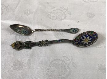Two Stunning Antique Plique-a-jour Silver Spoons - Russian / Faberge ?  AMAZING Quality - Very Pretty Pieces