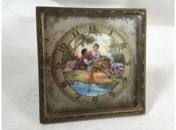 Beautiful Antique French Hand Painted Clock - Handpainted Enamel Dial / Brass Case & Stand - As Is