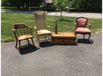 Assorted Lot Of Vintage / Antique Estate Items - Trunk, Chairs & Lamp - ALL FOR ONE BID !