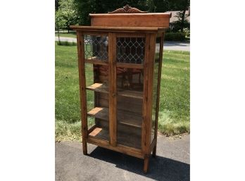 Antique Oak Bookcase / China Cabinet - 1900-1920 With Leaded Glass Doors & Carved Backsplash - VERY NICE !