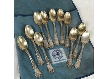 Gorham Baronial Old Sterling Silver Flatware - 12 Demitasse Spoons With Gold Wash - 4.43 Troy Ounces