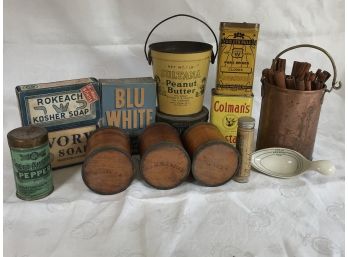 Fantastic Grouping Of Antique Advertising Tins & Other Kitchen Related Items GREAT DISPLAY PIECES !