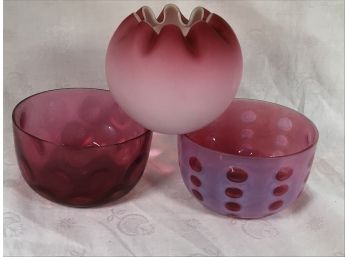 Three Pieces Lovely Antique Victorian Ruby Glass - Coin Dot / Spot & Ruby Satin Rose Bowl THREE FOR ONE !