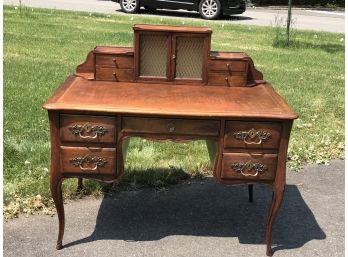 Wonderful French Style Desk / Vanity - 1930-1940 - Walnut With Leather Surface - Bronze Pulls - BEAUTIFUL !