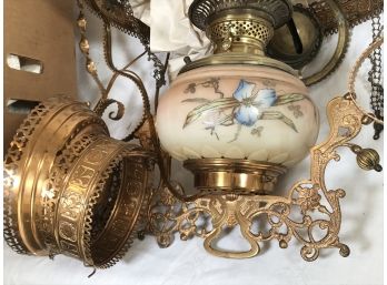 Beautiful Antique Brass Hanging Light Fixture - Hand Pained Satin Glass With Crystal Drops - Converted