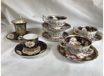 Group Of Six (6) Fabulous Antique Cobalt & Gold Teacups - Dresden - New Chelsea & Others - GREAT LOT !